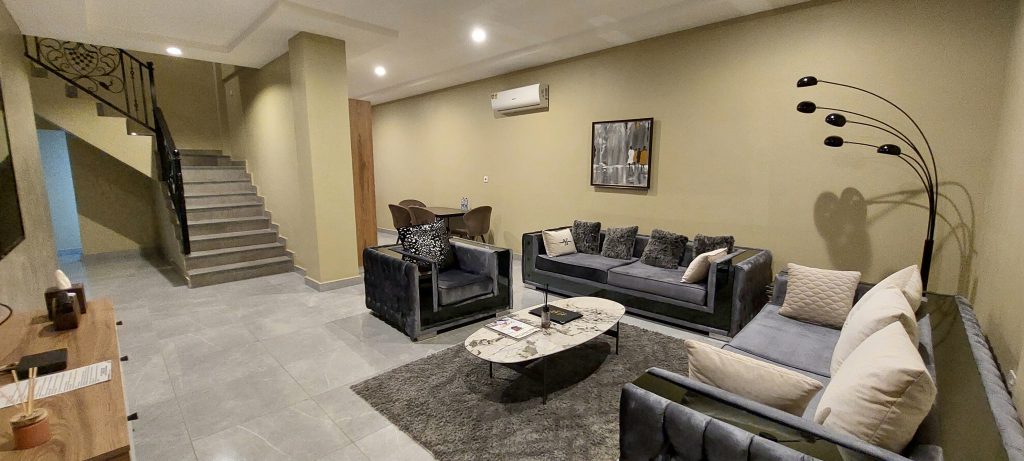 Two-level duplex boss apartment interior at Ridge Condos, Kumasi